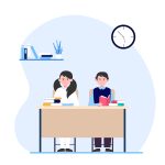 School students in classroom. Teen children sitting at desk and reading books flat vector illustration. Back to school, class, knowledge concept for banner, website design or landing web page
